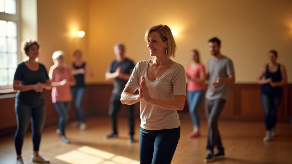 Small group of beginners practicing basic dance steps in a well-lit community hall, casual and encouraging atmosphere