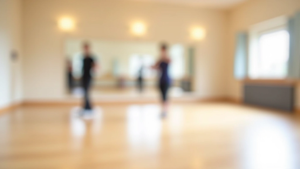 Bright community dance studio with wooden floors and large mirrors, ready for a dance class