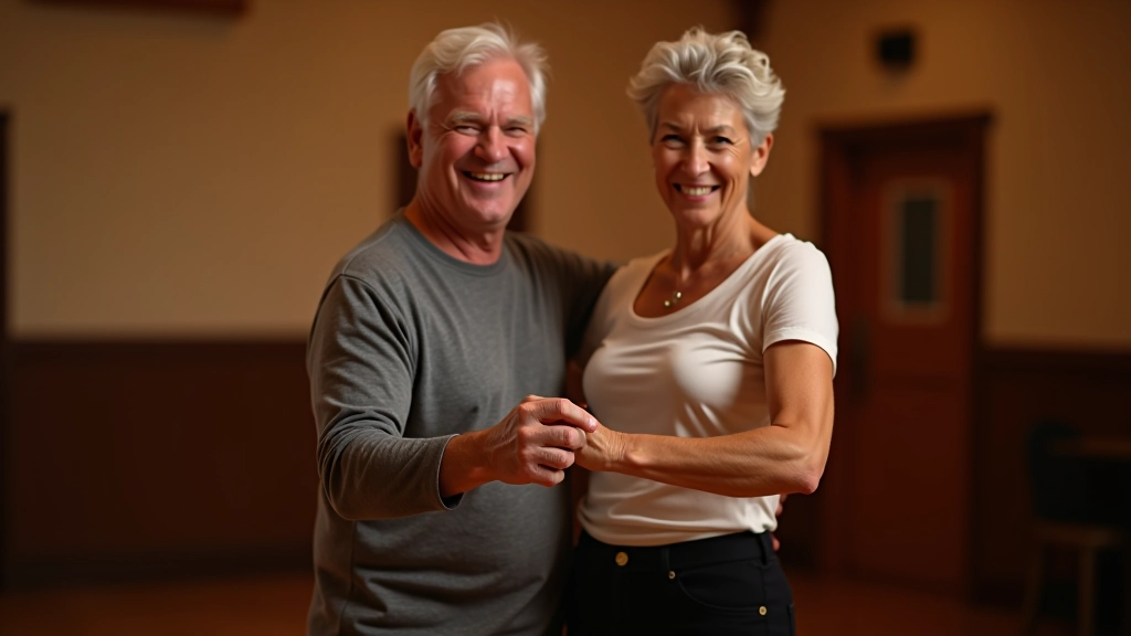 Two mature adults dancing bachata with proper connection and frame, smiling and enjoying the moment together