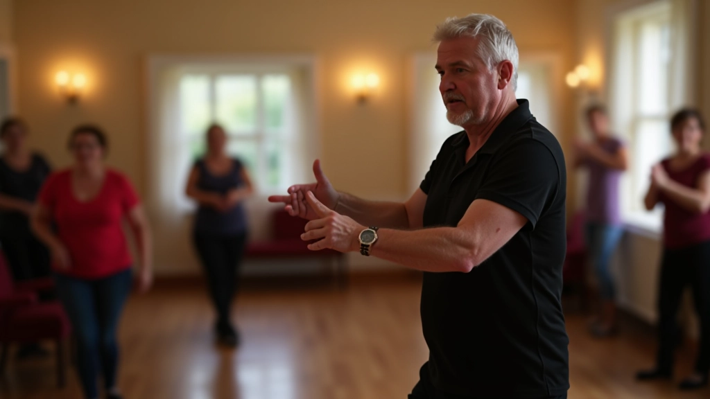 Group of older adults learning salsa moves in an Irish community hall with instructor demonstrating at the front