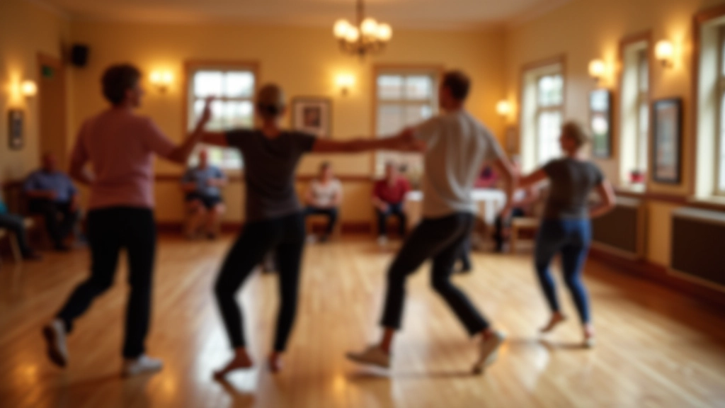 Mature adults dancing bachata and salsa in a bright Irish community hall with wooden floors and warm lighting