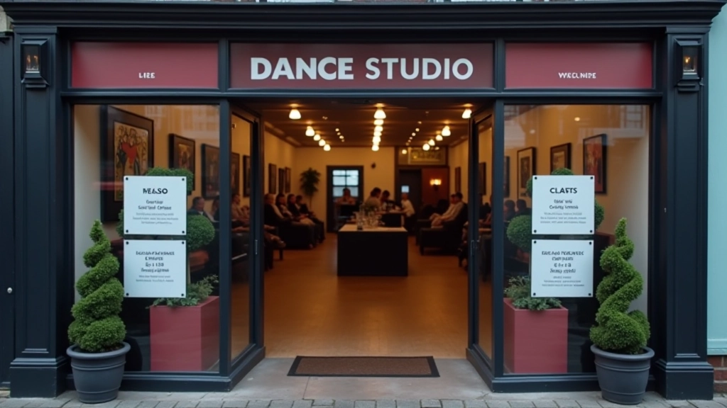 Dance studio entrance with sign showing class schedule and contact information for Waterford dance school