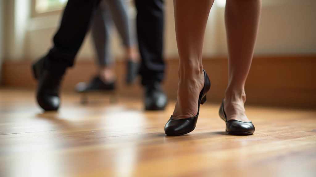 Close-up of bachata dancers' feet showing proper dance shoe placement and positioning on wooden studio floor