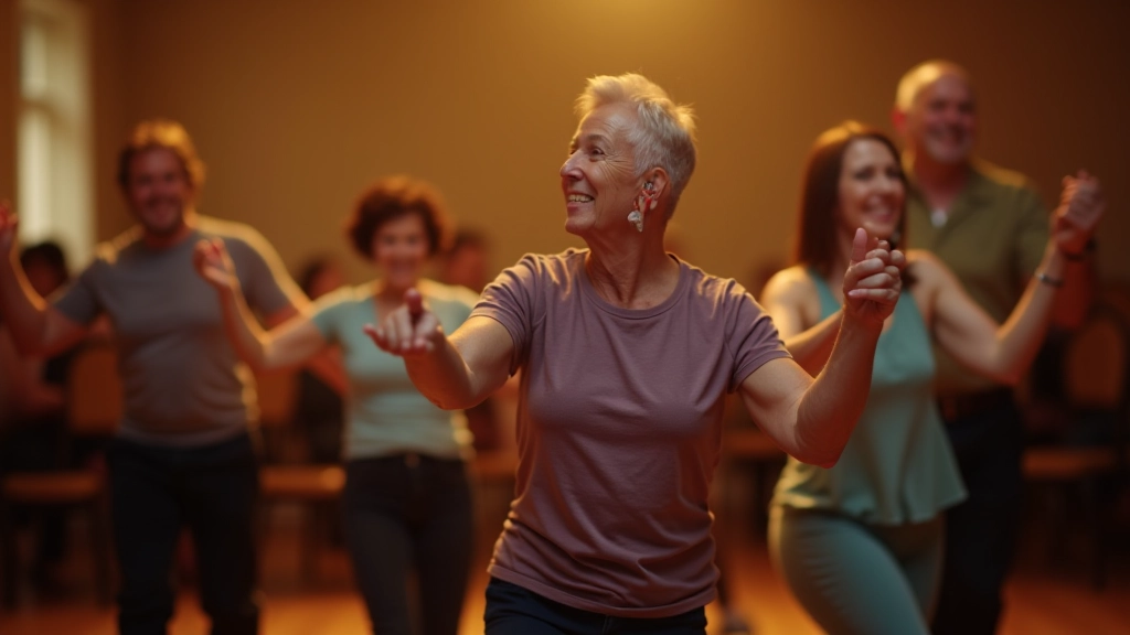 Group of mature adults in a salsa class, smiling and dancing together in a community hall setting
