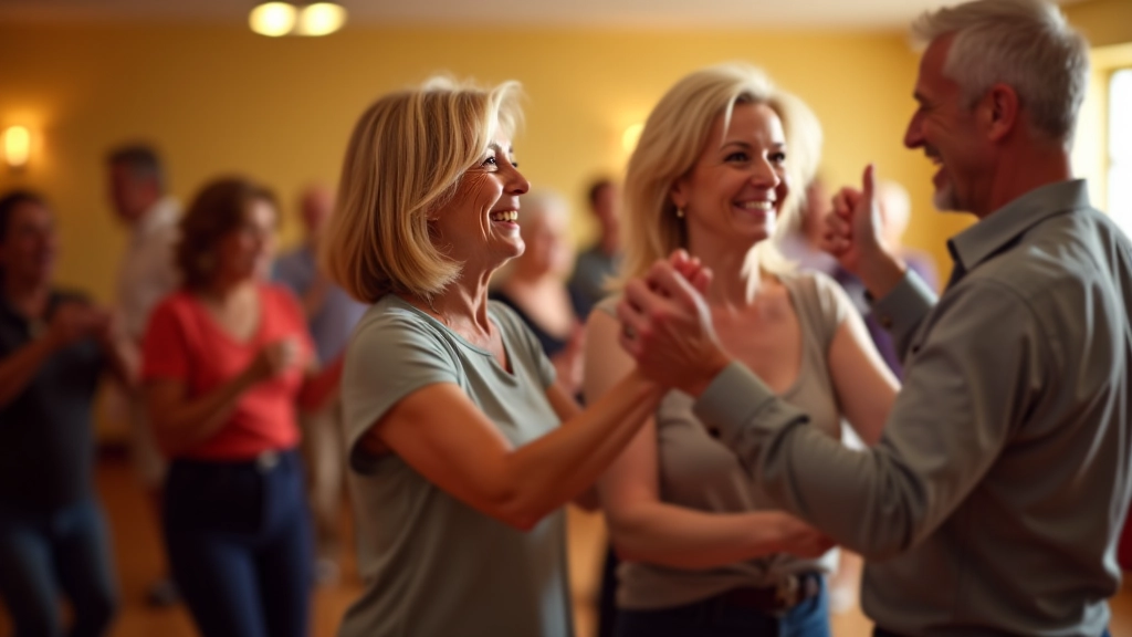 Mature adults smiling and dancing together in a community hall, clearly enjoying the social experience and physical activity