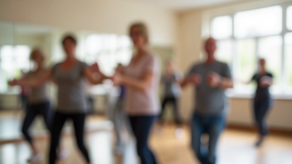 Mature adults in dance studio demonstrating proper posture and balance during a salsa class