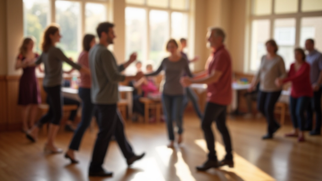 Group of mature adults learning bachata steps together in a community hall