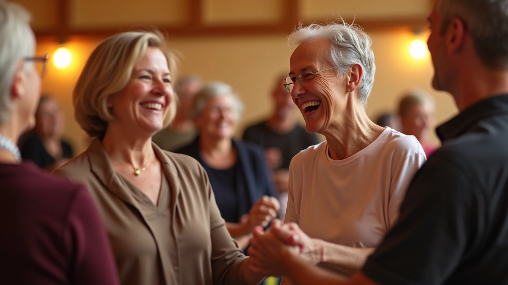 Group of mature adults laughing and chatting together in a bright dance studio social setting