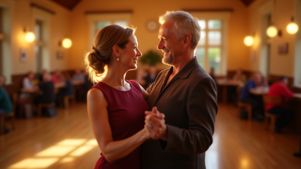 Woman and man dancing bachata together in a bright community hall studio with wooden floor