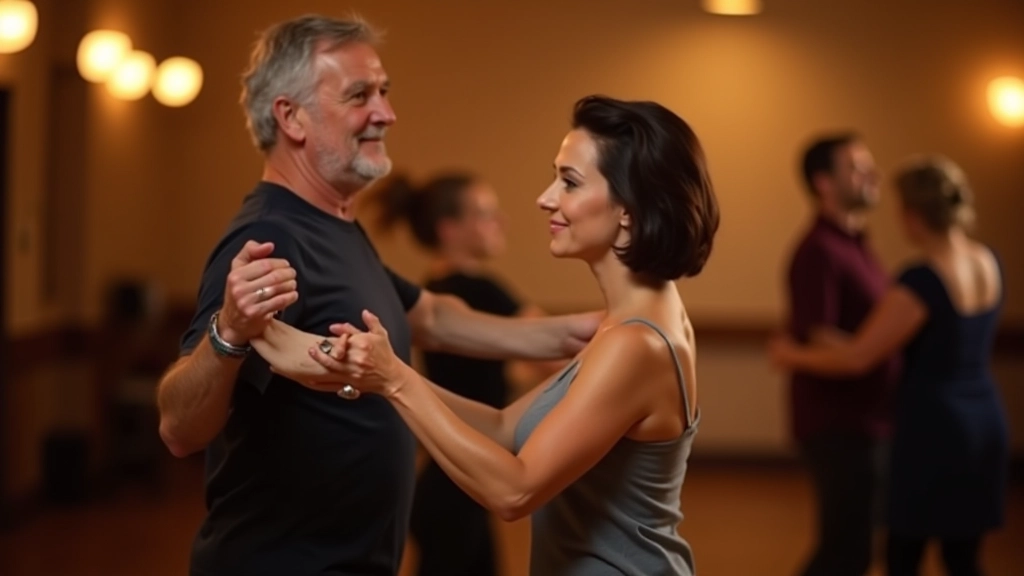Older adults practicing partner dance techniques in a social setting